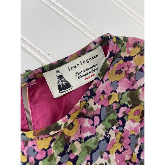 Leur Logette Silk Dress Pink & Green Watercolor Floral Ruffled Midi Dress Size S - Picture 5 of 6